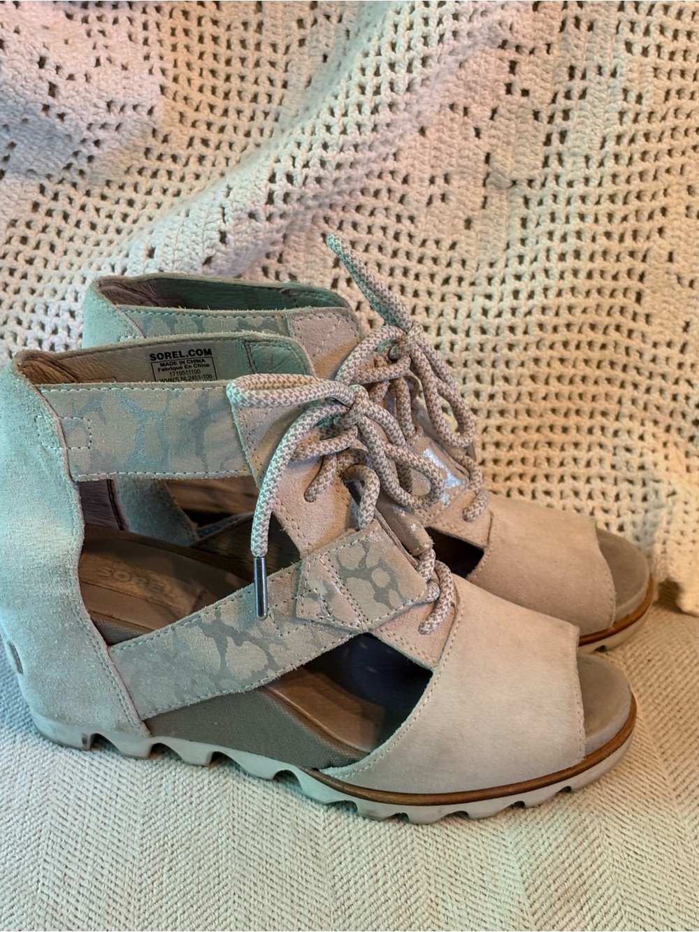Sorel Beige Open-Toe Lace-Up Wedge Boots